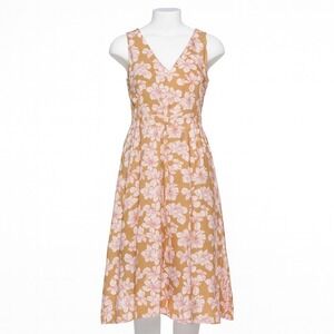 GAP Dress M Floral Midi Tan Pink V-Neck Cotton Cottagecore Garden Party Vacation